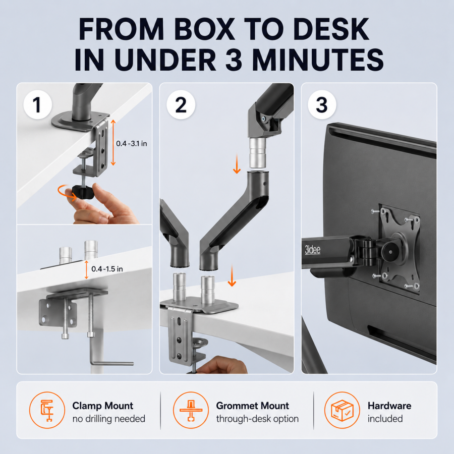 3IDEE Flexi-Lite Dual Monitor Arm - 2 Monitors - [17-32" / up to 9kg per arm] - Stepless Height Adjustment